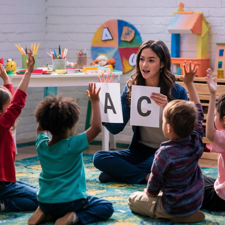 imgi 64 female teacher leading kindergarten classroom activities engaging ki