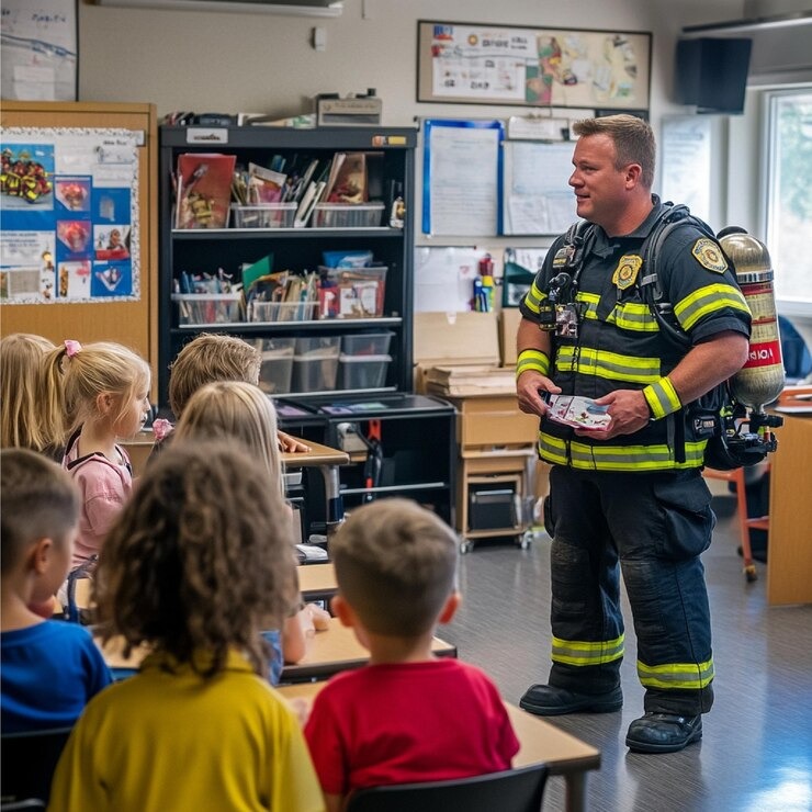 imgi 64 firefighters explaining fire safety classroom students 1104763 28668